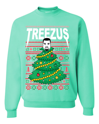 Treezus Funny Xmas Viral Meme Hip Hop Rapper Music Tour Merch, Tree Jesus Pun Joke Ugly Christmas Sweater Ugly Christmas Unisex Crewneck Sweatshirt