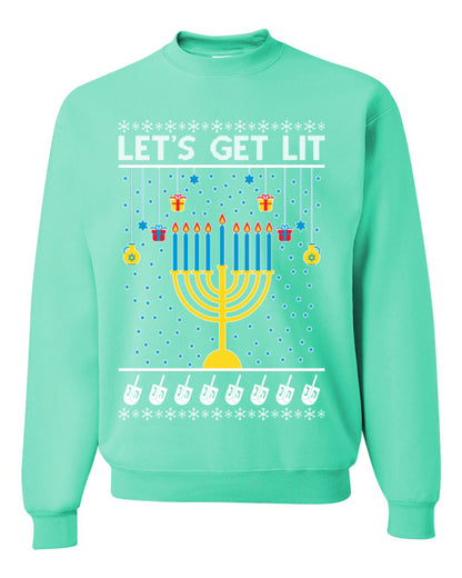 Let's Get Lit, Funny Chanukah Menorah Winter Jewish Holidays, Hanukkah Ugly Christmas Sweater Ugly Christmas Unisex Crewneck Sweatshirt