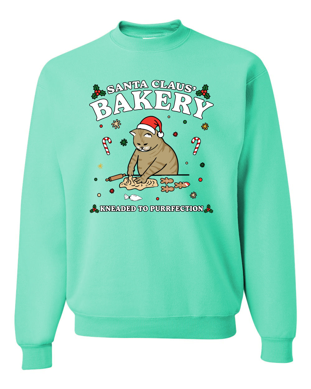 Santa Claus Bakery | Bread Kneaded to Purrfection, Funny Cute Cat Chef Baker Joke Ugly Christmas Unisex Crewneck Sweatshirt