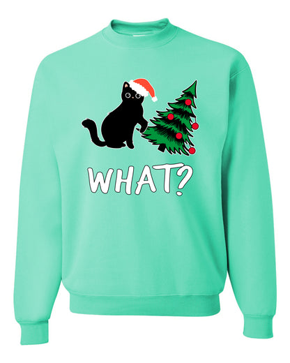 What? Funny Guilty Santa Cat Christmas Tree Mischief Pet Humor Ugly Christmas Unisex Crewneck Sweatshirt