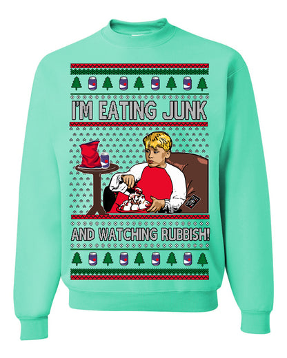 I'm Eating Junk and Watching Rubbish, Classic 90s Xmas Kevin Movie Ice Cream Soda Alone Movies, Ugly Christmas Sweater Ugly Christmas Unisex Crewneck Sweatshirt