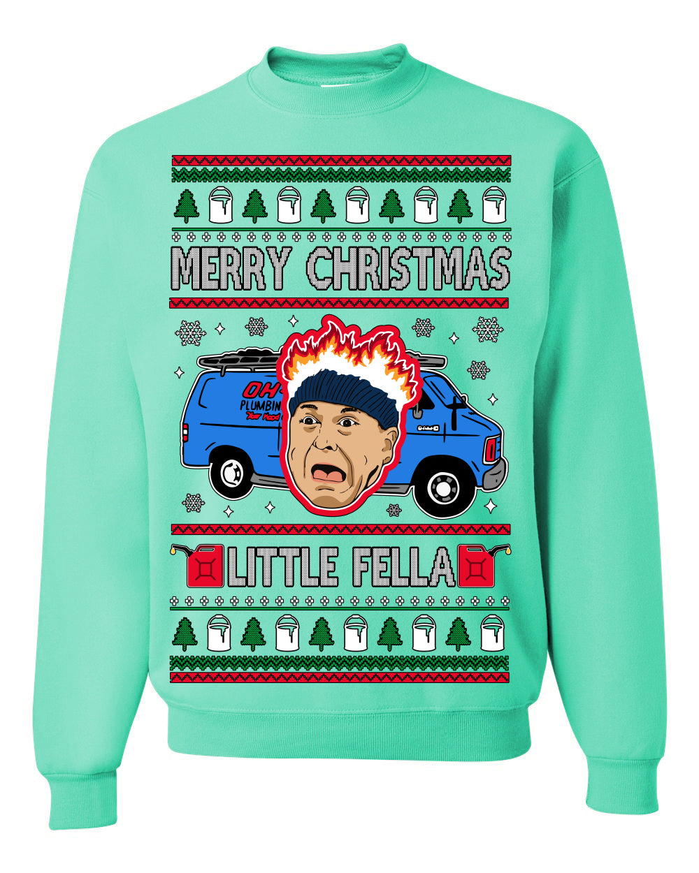 Merry Christmas Little Fella, Classic Funny 90s Harry Kevin Fire Plumbing Van Bandits, Movie Quote Ugly Christmas Sweater Ugly Christmas Unisex Crewneck Sweatshirt