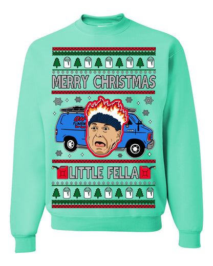 Merry Christmas Little Fella, Classic Funny 90s Harry Kevin Fire Plumbing Van Bandits, Movie Quote Ugly Christmas Sweater Ugly Christmas Unisex Crewneck Sweatshirt