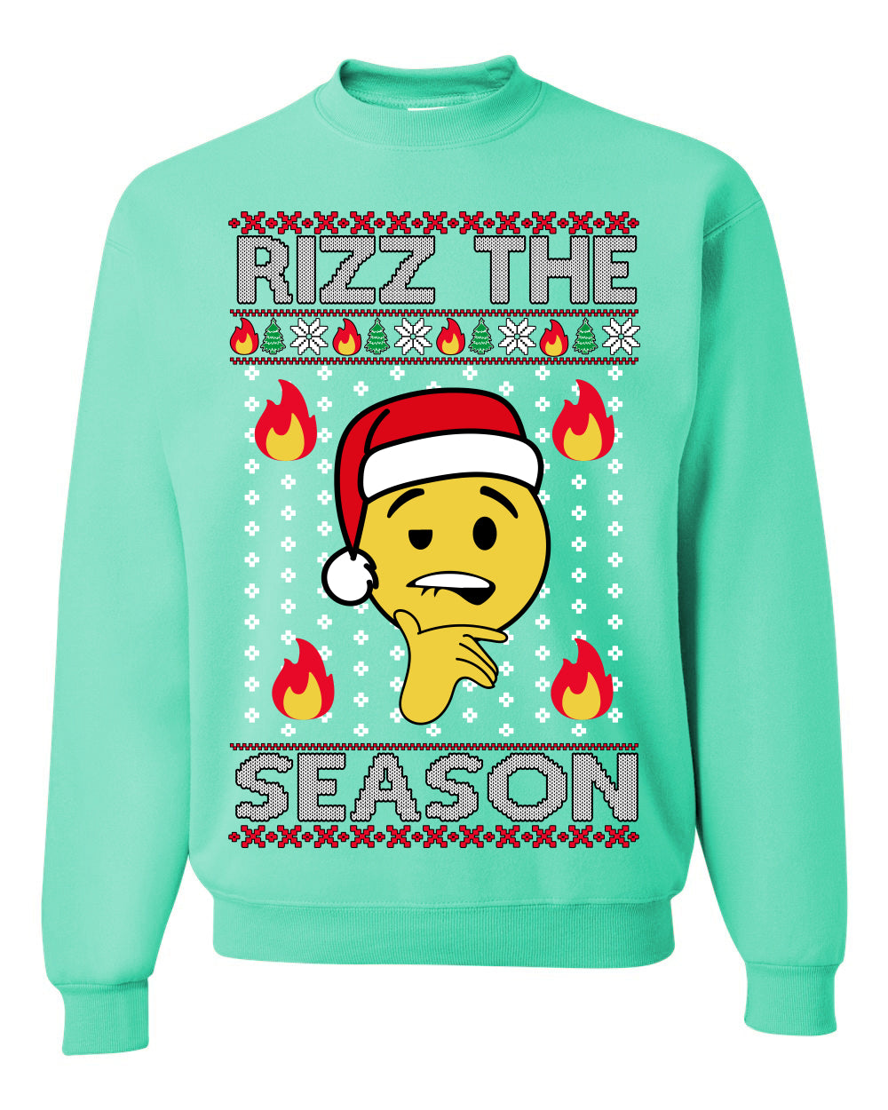 Rizz the Season, Viral Internet Fire Emoji Face Meme Romance Slang, Ugly Christmas Sweater Ugly Christmas Unisex Crewneck Sweatshirt