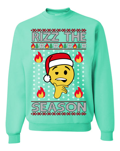 Rizz the Season, Viral Internet Fire Emoji Face Meme Romance Slang, Ugly Christmas Sweater Ugly Christmas Unisex Crewneck Sweatshirt