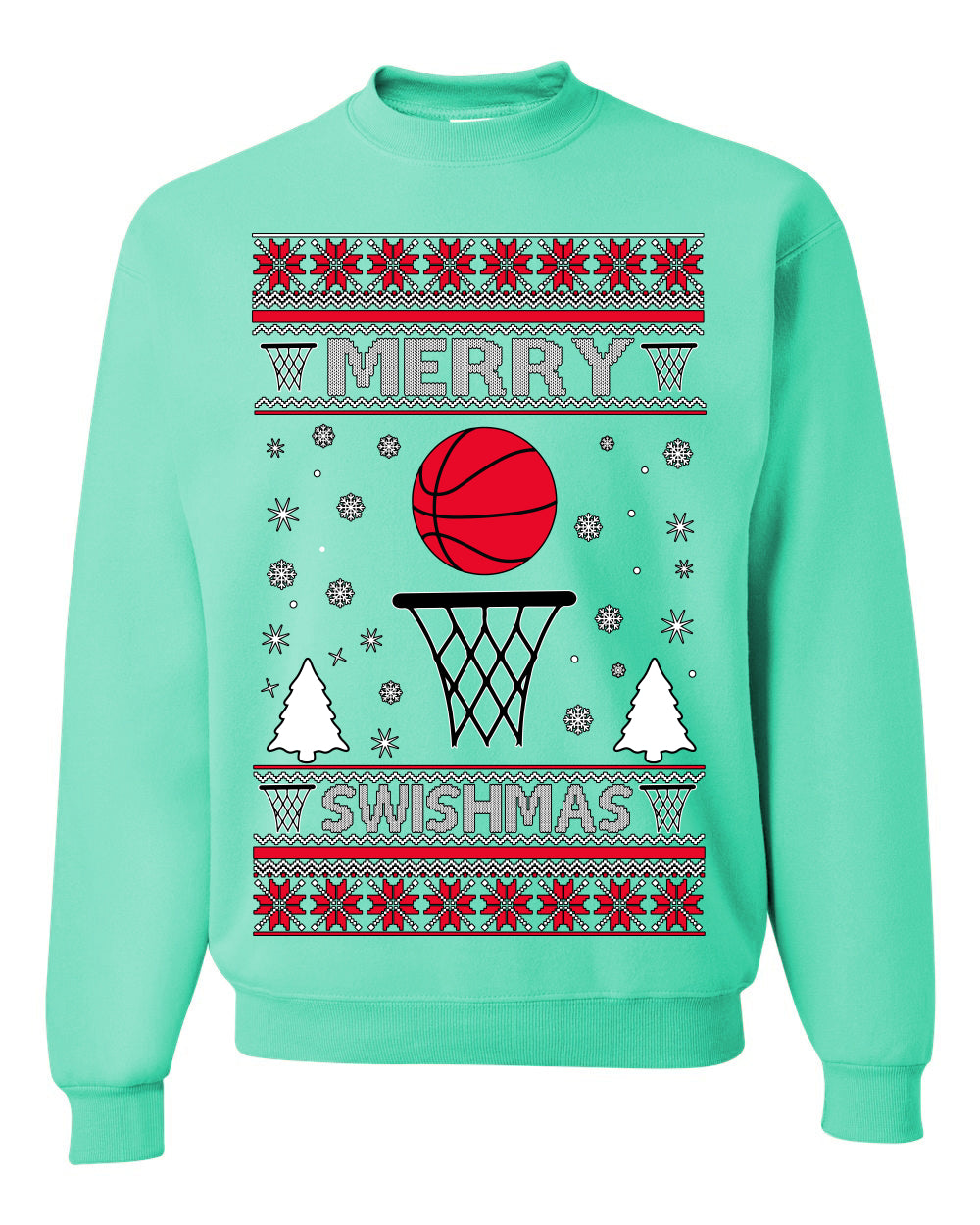 Merry Swishmas Basketball Sports Fan, Teen Sport Player Boys Girls Adult | Ugly Christmas Sweater Crewneck Sweatshirt Ugly Christmas Unisex Crewneck Sweatshirt