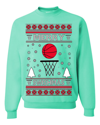 Merry Swishmas Basketball Sports Fan, Teen Sport Player Boys Girls Adult | Ugly Christmas Sweater Crewneck Sweatshirt Ugly Christmas Unisex Crewneck Sweatshirt