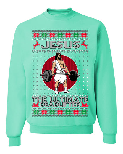Jesus the Ultimate Deadlifter, Gym Workout Humor Jesus Working Out Lifting Weights | Funny Ugly Christmas Sweater Crewneck Sweatshirt Ugly Christmas Unisex Crewneck Sweatshirt