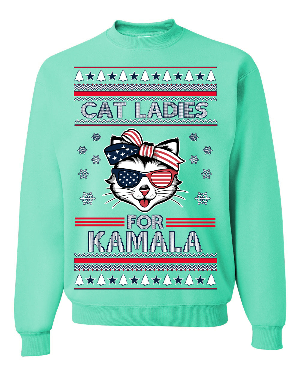Cat Ladies for Kamala USA Glasses, Harris Tim Walz 2024 Cute USA Glasses Bow, Ugly Christmas Sweater Crewneck Sweatshirt Ugly Christmas Unisex Crewneck Sweatshirt