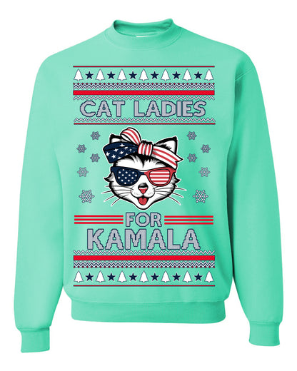 Cat Ladies for Kamala USA Glasses, Harris Tim Walz 2024 Cute USA Glasses Bow, Ugly Christmas Sweater Crewneck Sweatshirt Ugly Christmas Unisex Crewneck Sweatshirt