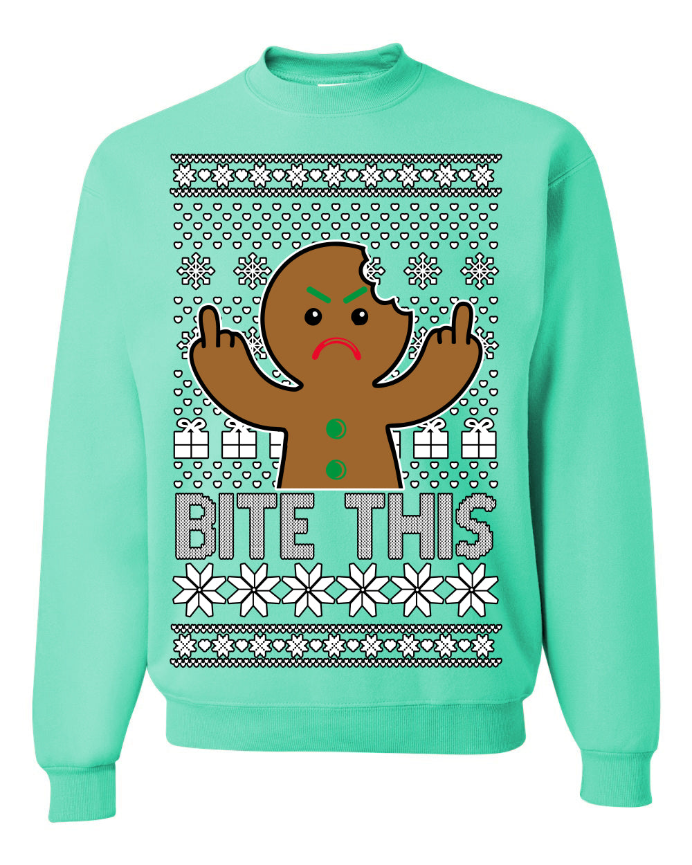 Bite This, Funny Gingerbread Cookie Offensive Inappropriate Middle Finger, F U Ginger Bread Dirty Novelty Xmas Ugly Christmas Sweater Ugly Christmas Unisex Crewneck Sweatshirt