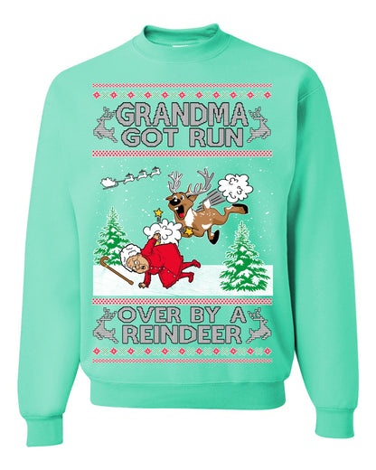 Grandma Got Run Over by a Reindeer, Funny Animated Design Rein Deer Kids TV Song Movie, Ugly Christmas Sweater Ugly Christmas Unisex Crewneck Sweatshirt