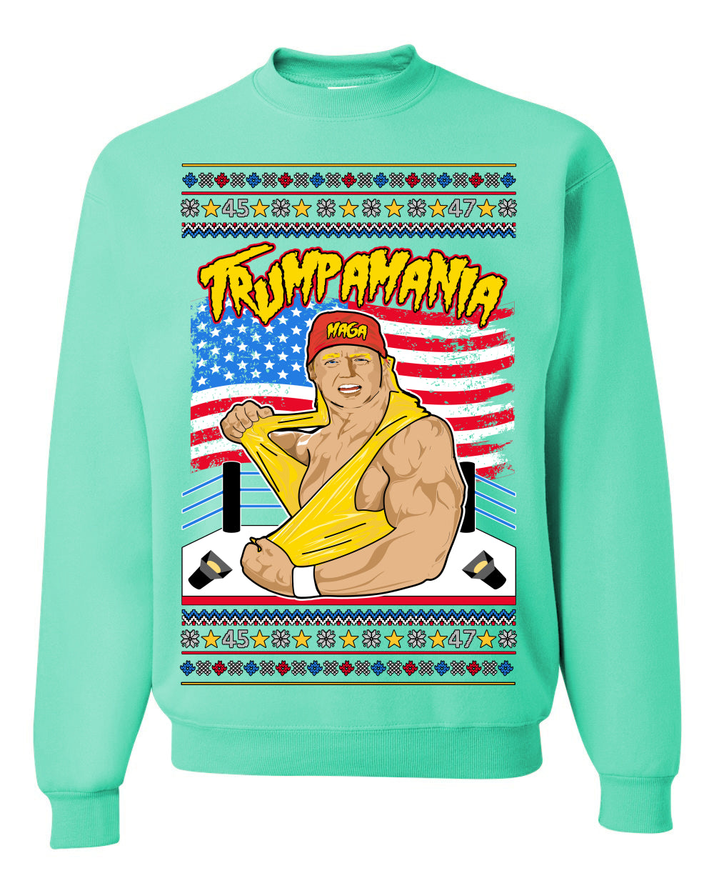 Trumpamania Funny Hogan 80s USA Wrestling Sports Parody, Donald Trump Vance 2024 Wrestler MAGA Make America Great Again, Ugly Christmas Sweater Ugly Christmas Unisex Crewneck Sweatshirt
