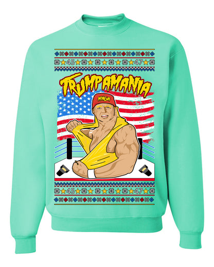 Trumpamania Funny Hogan 80s USA Wrestling Sports Parody, Donald Trump Vance 2024 Wrestler MAGA Make America Great Again, Ugly Christmas Sweater Ugly Christmas Unisex Crewneck Sweatshirt