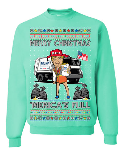 Donald Trump Merry Christmas Merica's Full, Cousin Eddie Christmas Vacation Garbage for Trump Funny Viral Meme, Ugly Christmas Sweater Ugly Christmas Unisex Crewneck Sweatshirt