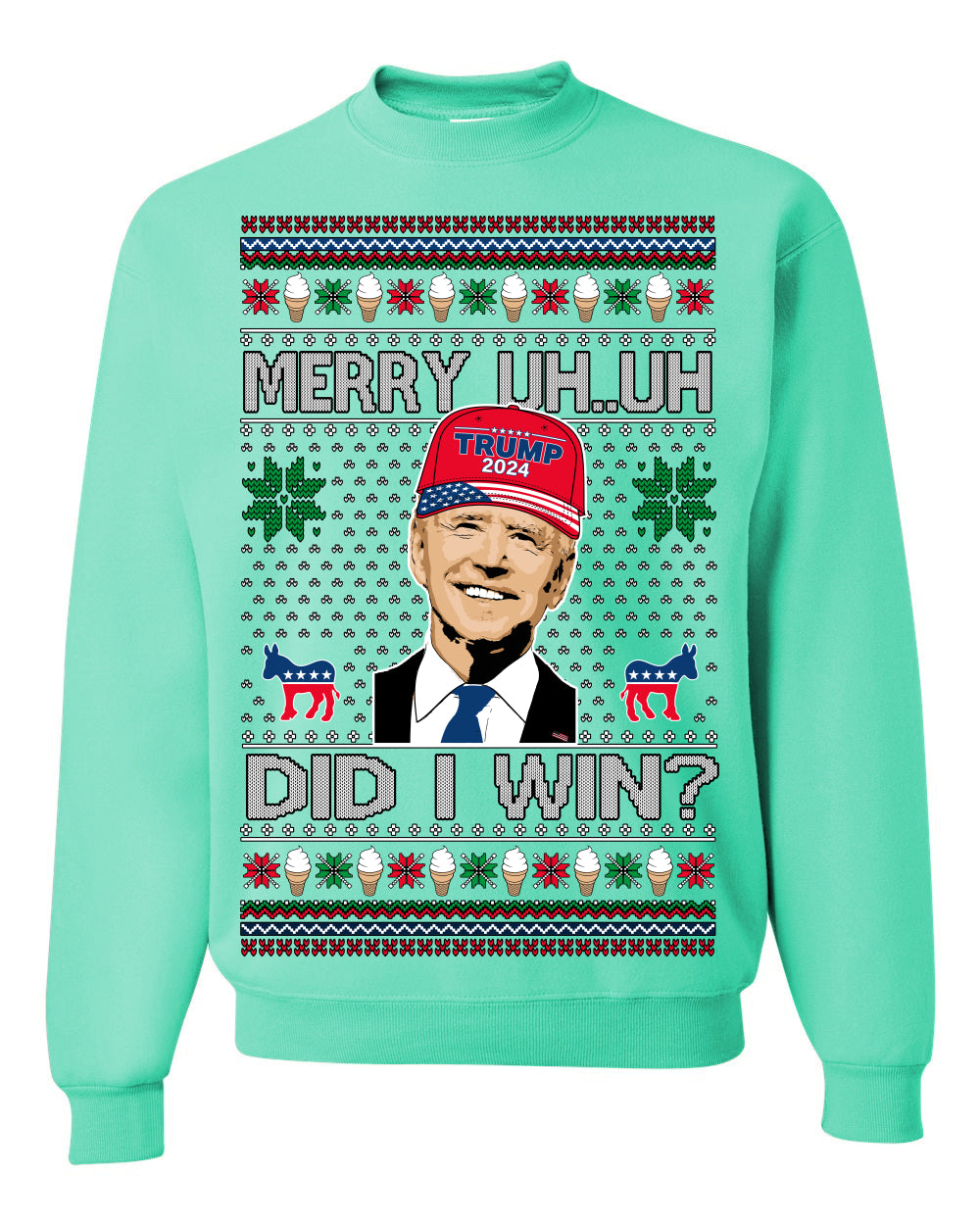Merry Uh Did I Win? Funny Confused Joe Biden, Liberal Democrats Election 2024 Ugly Christmas Sweater Ugly Christmas Unisex Crewneck Sweatshirt