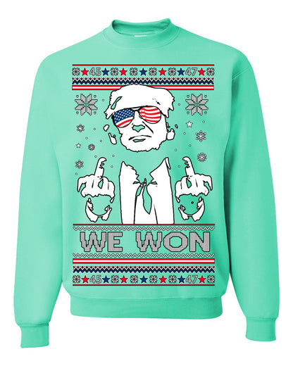 We Won Funny 45 47 President Trump Shot USA Glasses, 47th USA President of the United States, Gift for Republicans Conservatives Ugly Christmas Sweater Ugly Christmas Unisex Crewneck Sweatshirt