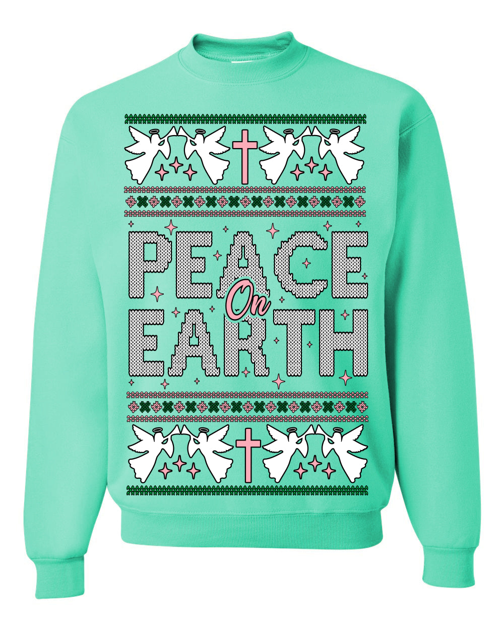 Peace On Earth Funny Xmas Cute Pink Angel Cross, Women Men Religious Christian Catholic Ugly Christmas Sweater Ugly Christmas Unisex Crewneck Sweatshirt