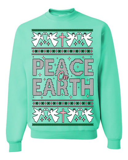 Peace On Earth Funny Xmas Cute Pink Angel Cross, Women Men Religious Christian Catholic Ugly Christmas Sweater Ugly Christmas Unisex Crewneck Sweatshirt