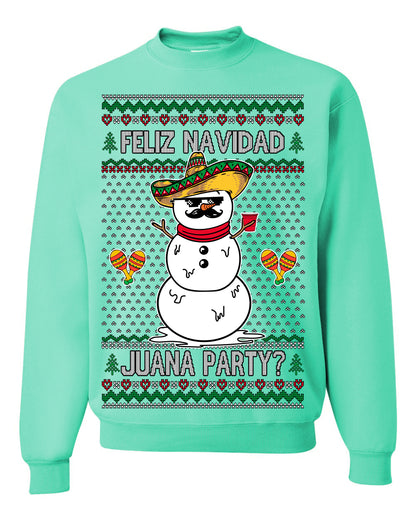 Feliz Navidad Juana Party? Funny Spanish Drinking Sueter Cerveza Ropa en Espanol Ugly Christmas Sweater Ugly Christmas Unisex Crewneck Sweatshirt
