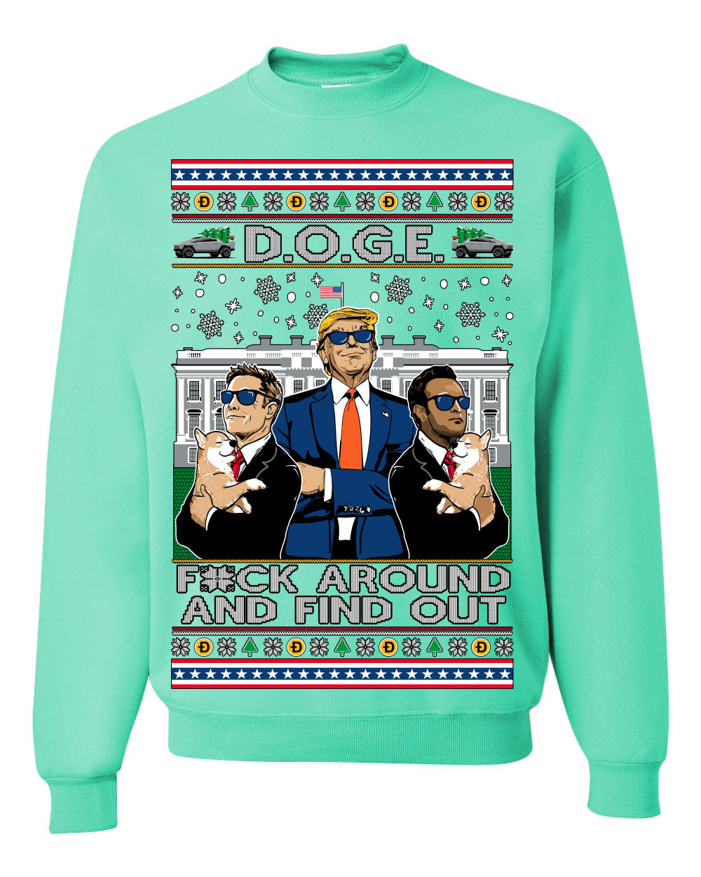 Doge F Around and Find Out Donald Trump Elon Vivek, Department of Govenmental Efficiency D.O.G.E. Republicans MAGA Ugly Christmas Sweater Ugly Christmas Unisex Crewneck Sweatshirt