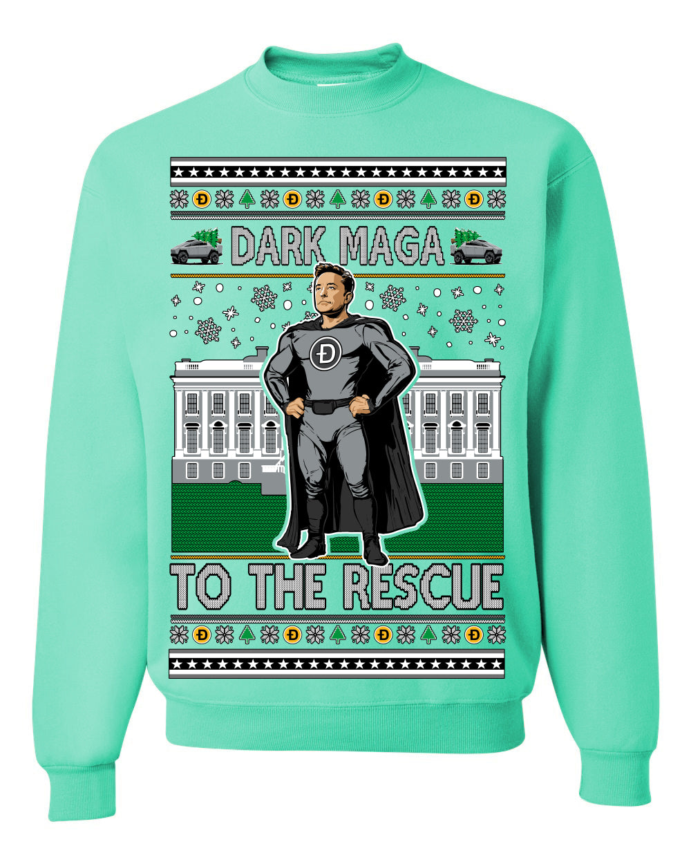 Dark MAGA to the Rescue, Elon Superhero Doge Crypto Dogecoin Make America Great Again Trump 2024 Ugly Christmas Sweater Ugly Christmas Unisex Crewneck Sweatshirt
