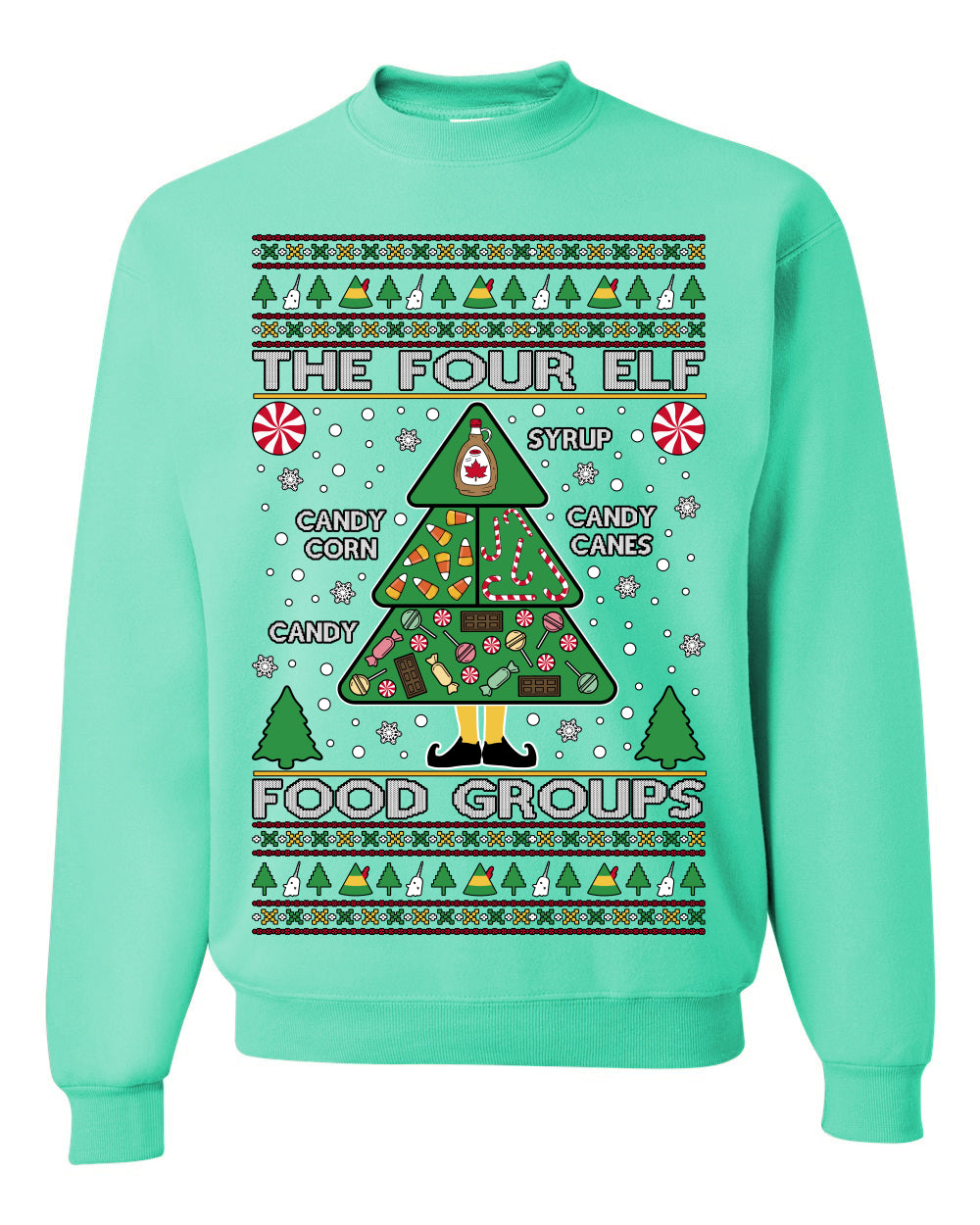 The Four Elf Food Groups, Peppermint Chocolate Candy Canes Syrup, Funny Ugly Christmas Sweater Ugly Christmas Unisex Crewneck Sweatshirt