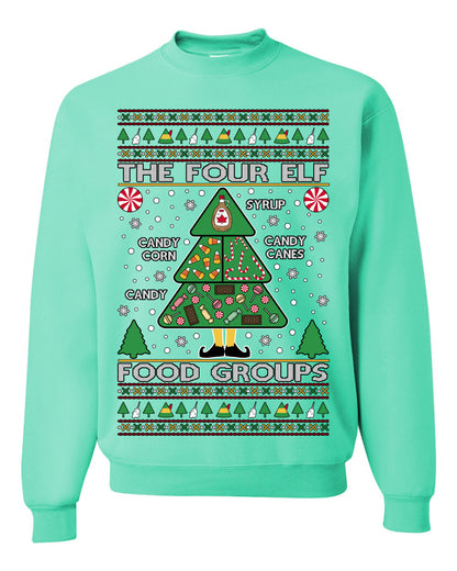 The Four Elf Food Groups, Peppermint Chocolate Candy Canes Syrup, Funny Ugly Christmas Sweater Ugly Christmas Unisex Crewneck Sweatshirt