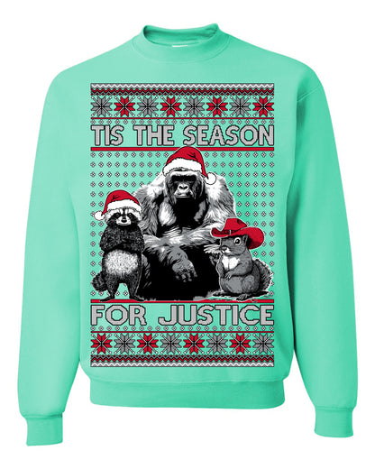 Tis the Season For Justice, RIP Harambe Peanut the Squirrel Fred Raccoon Viral Save our Pets Meme, Ugly Christmas Sweater Ugly Christmas Unisex Crewneck Sweatshirt