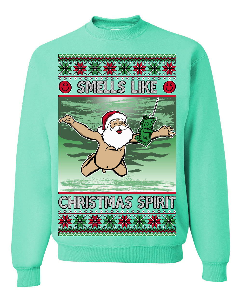 Smells Like Christmas Spirit, Funny Santa Claus Classic 90s Alternative Rock Album Cover Music Parody Ugly Christmas Sweater Ugly Christmas Unisex Crewneck Sweatshirt