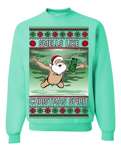 Smells Like Christmas Spirit, Funny Santa Claus Classic 90s Alternative Rock Album Cover Music Parody Ugly Christmas Sweater Ugly Christmas Unisex Crewneck Sweatshirt
