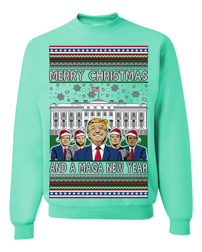 Merry Christmas and a MAGA New Year 2025, Trump Vance Administration 45 47 Make America Great Again USA Ugly Christmas Sweater Ugly Christmas Unisex Crewneck Sweatshirt