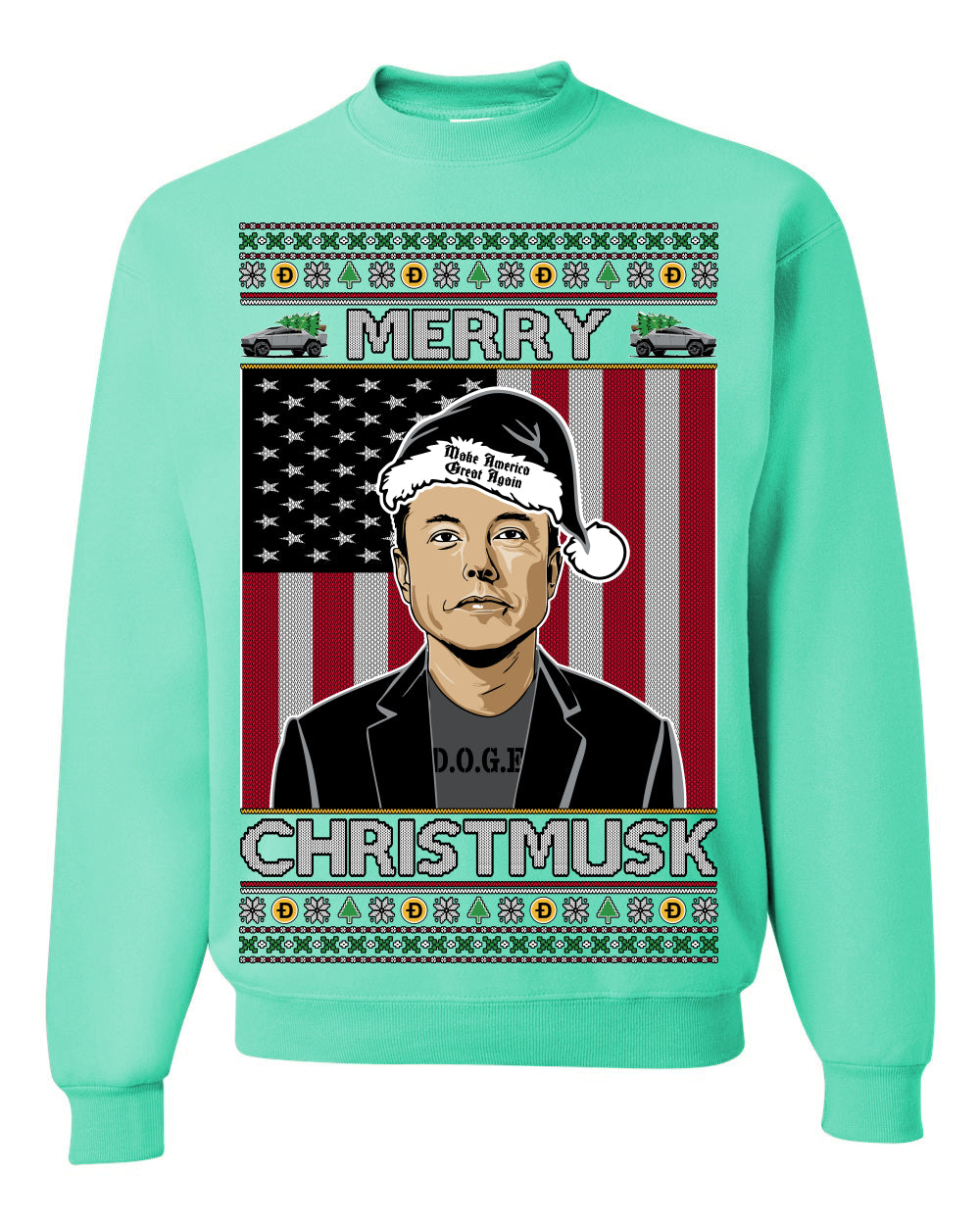 Merry Christmusk Funny Dark MAGA Santa Elon Doge Meme, Crypto Dogecoin America First USA Republican Ugly Christmas Sweater Ugly Christmas Unisex Crewneck Sweatshirt