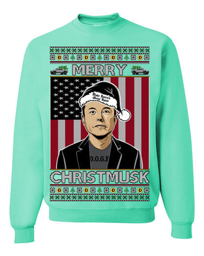 Merry Christmusk Funny Dark MAGA Santa Elon Doge Meme, Crypto Dogecoin America First USA Republican Ugly Christmas Sweater Ugly Christmas Unisex Crewneck Sweatshirt