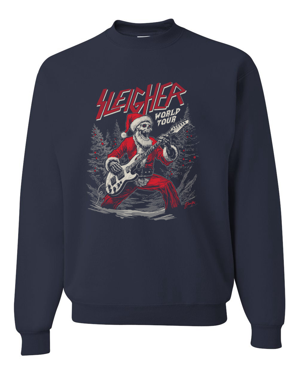 Sleigher World Tour | Funny Heavy Metal Electric Rock Guitar Skull Santa Claus Xmas North Pole Ugly Christmas Unisex Crewneck Sweatshirt