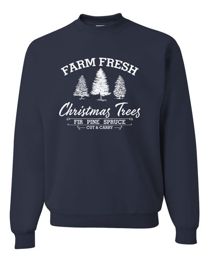 Farm Fresh Christmas Trees Classic White Design | Fir Pine Sprice, Cut and Carry, Classic Vintage Winter Holiday Tree Logo Ugly Christmas Unisex Crewneck Sweatshirt