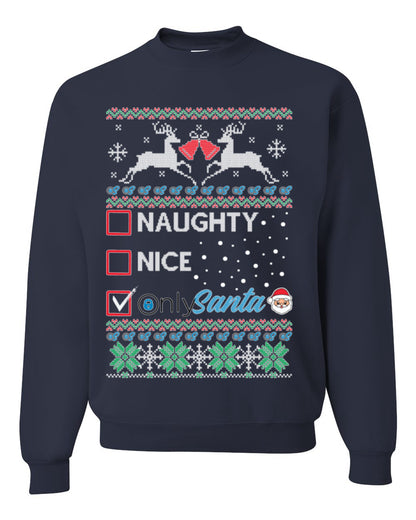 Naughty Nice OnlySanta, Funny Reindeer Santa Claus Viral Website App Meme, Ugly Christmas Sweater Ugly Christmas Unisex Crewneck Sweatshirt