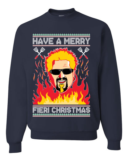 Have a Merry Fieri Christmas, Viral Grocery Games Meme, Flavor Fire Tequila TV Chef Ugly Christmas Sweater Ugly Christmas Unisex Crewneck Sweatshirt