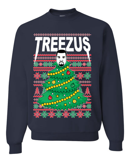 Treezus Funny Xmas Viral Meme Hip Hop Rapper Music Tour Merch, Tree Jesus Pun Joke Ugly Christmas Sweater Ugly Christmas Unisex Crewneck Sweatshirt