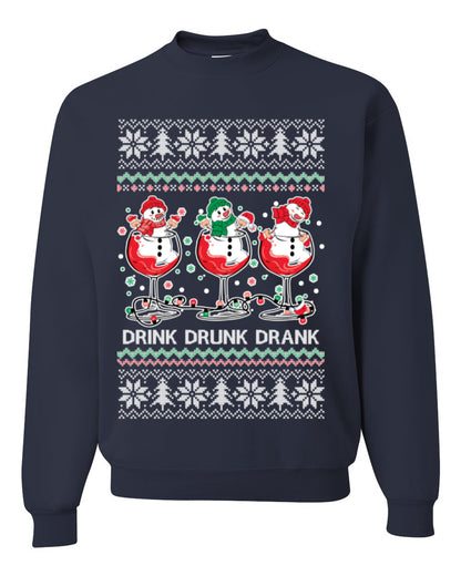 Drink Drank Drunk Funny Snowman, Funny Cocktail Wine Beer Alcohol Candy Cane Mixed Drinks Bar Crawl, Ugly Christmas Sweater Ugly Christmas Unisex Crewneck Sweatshirt