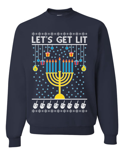 Let's Get Lit, Funny Chanukah Menorah Winter Jewish Holidays, Hanukkah Ugly Christmas Sweater Ugly Christmas Unisex Crewneck Sweatshirt
