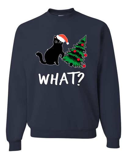 What? Funny Guilty Santa Cat Christmas Tree Mischief Pet Humor Ugly Christmas Unisex Crewneck Sweatshirt