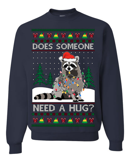 Does Someone Need a Hug? Funny Cute Santa Trash Panda Raccoon, Viral Meme Xmas Lights  Ugly Christmas Unisex Crewneck Sweatshirt