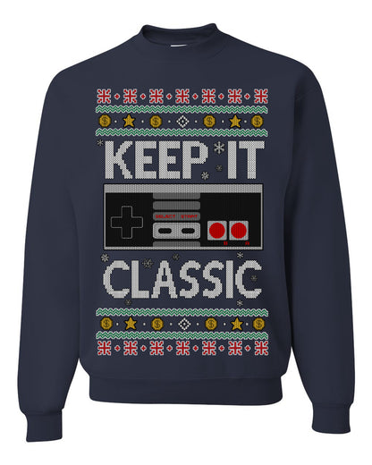 Keep It Classic 80s Video Game Controller, Retro Vintage Games  | Funny Ugly Christmas Sweater Crewneck Sweatshirt Ugly Christmas Unisex Crewneck Sweatshirt