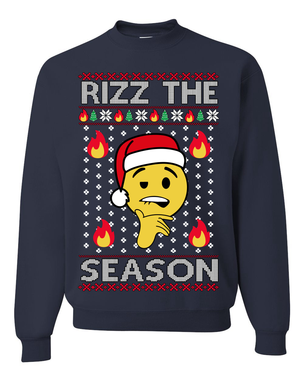 Rizz the Season, Viral Internet Fire Emoji Face Meme Romance Slang, Ugly Christmas Sweater Ugly Christmas Unisex Crewneck Sweatshirt