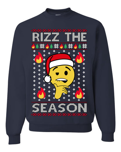 Rizz the Season, Viral Internet Fire Emoji Face Meme Romance Slang, Ugly Christmas Sweater Ugly Christmas Unisex Crewneck Sweatshirt