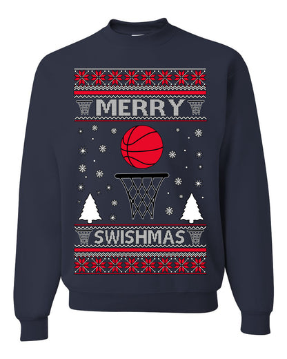 Merry Swishmas Basketball Sports Fan, Teen Sport Player Boys Girls Adult | Ugly Christmas Sweater Crewneck Sweatshirt Ugly Christmas Unisex Crewneck Sweatshirt