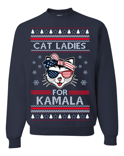 Cat Ladies for Kamala USA Glasses, Harris Tim Walz 2024 Cute USA Glasses Bow, Ugly Christmas Sweater Crewneck Sweatshirt Ugly Christmas Unisex Crewneck Sweatshirt