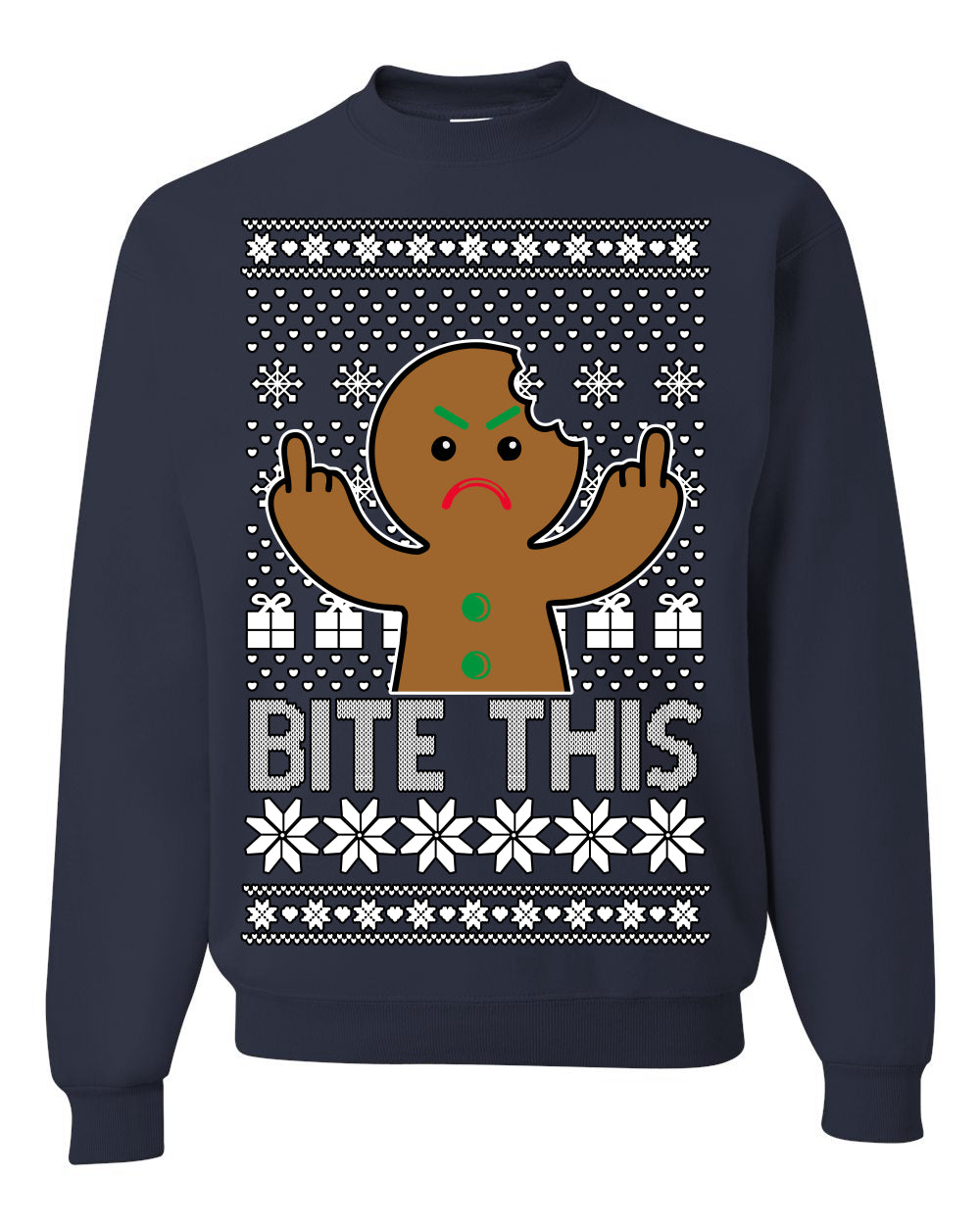 Bite This, Funny Gingerbread Cookie Offensive Inappropriate Middle Finger, F U Ginger Bread Dirty Novelty Xmas Ugly Christmas Sweater Ugly Christmas Unisex Crewneck Sweatshirt