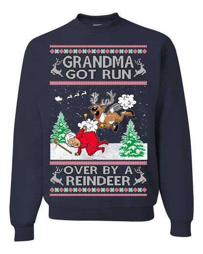 Grandma Got Run Over by a Reindeer, Funny Animated Design Rein Deer Kids TV Song Movie, Ugly Christmas Sweater Ugly Christmas Unisex Crewneck Sweatshirt